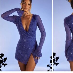Oh Polly Chelsea Blue Embellished Wrap Dress